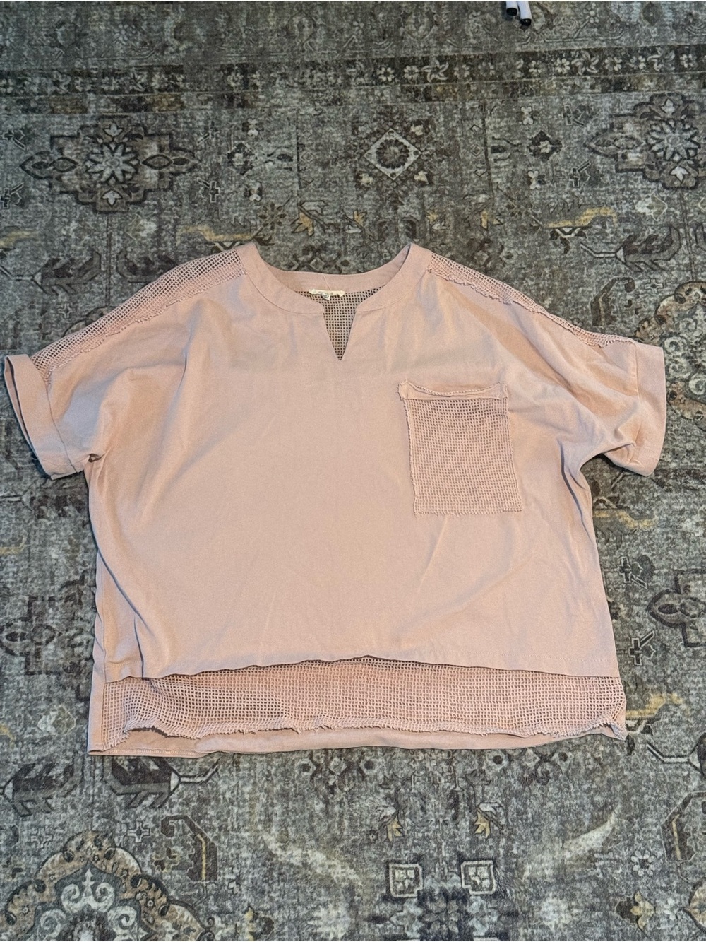 🩰 Easel Women’s Dusty Pink Crochet-Trim Short Sleeve Pocket Top Size 1X